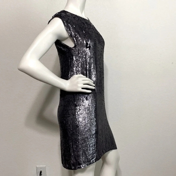 Intermix Gray Sequin Asymmetrical Shift Dress Knee Length Silk Size S - Picture 3 of 8